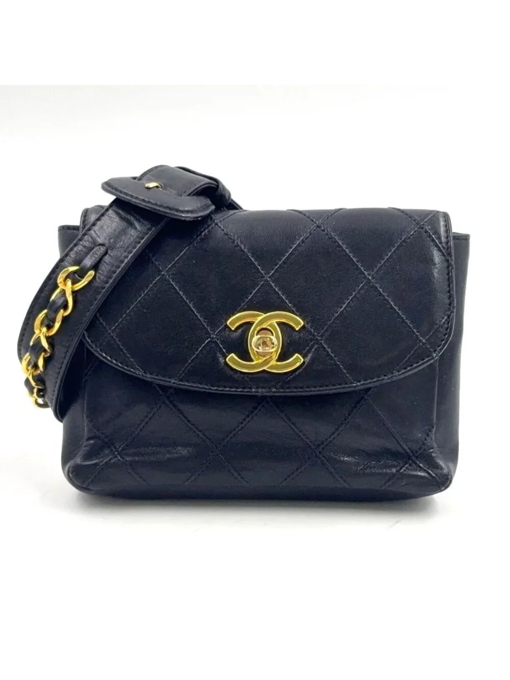 Chanel Quilted Turnlock Waist Pouch Belt Bag Unknown Lambskin Black Gold